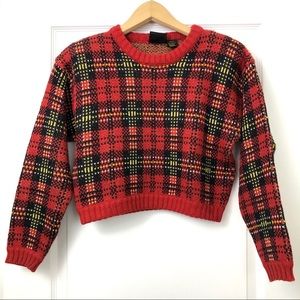 Liz Claiborne Vintage Chunky Knit Red Plaid Cropped Sweater